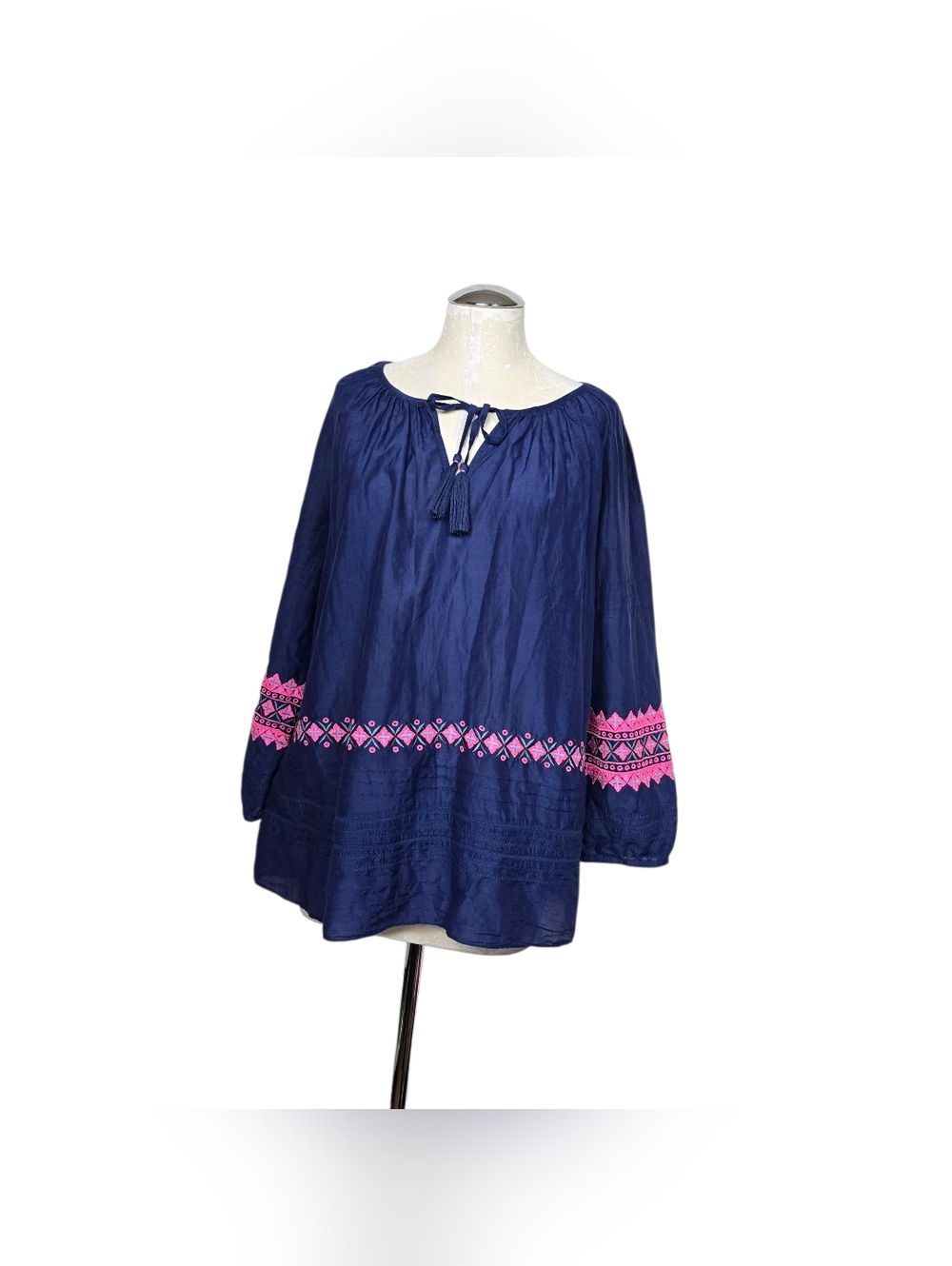 Vineyard Vines Silk Blend Embroidered Blouse Long Sleeves Pink Blue Tassels XL